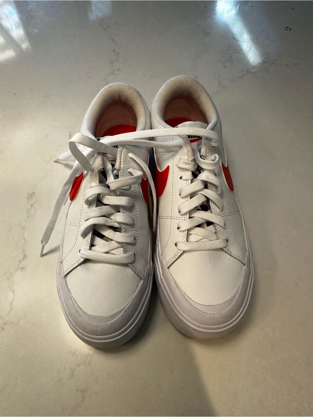 Nike White Low Platform Sneakers with Orange Swoosh and Leopard Accent size 8.5